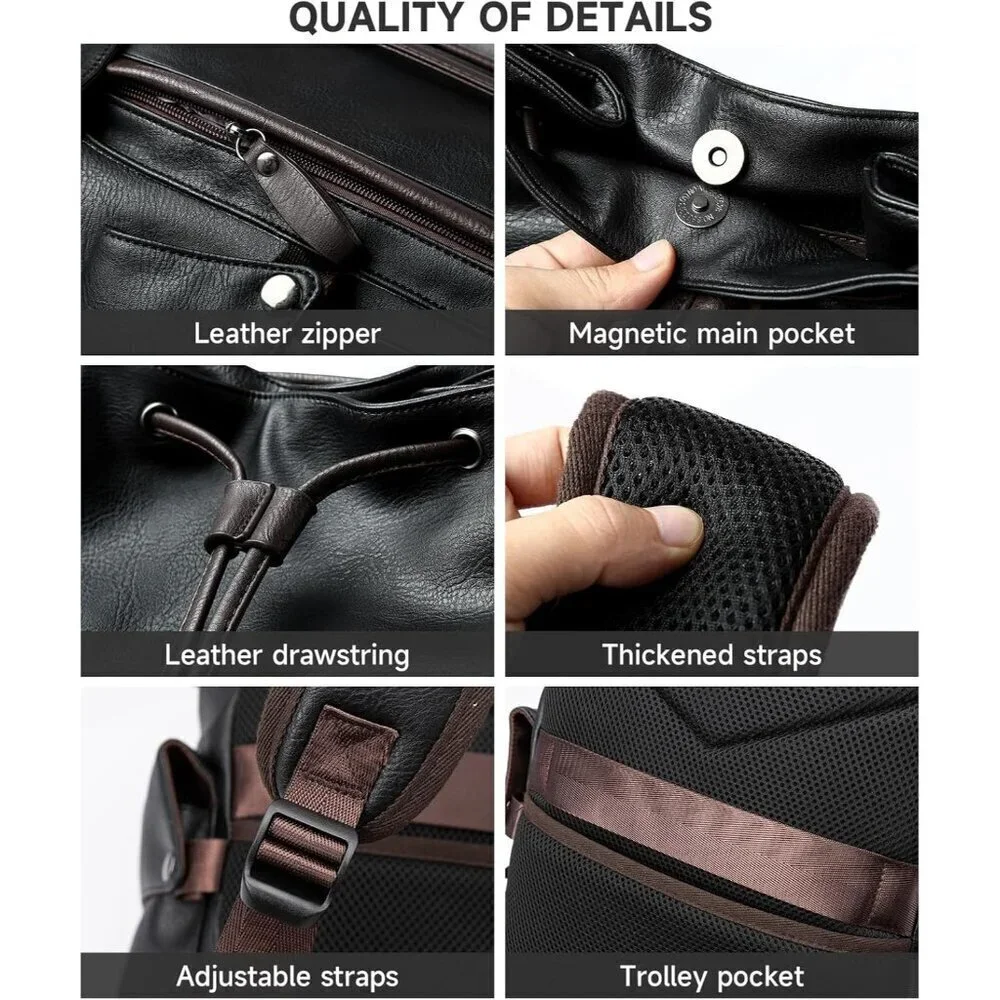 Black Laptop Travel Backpack PU Leather Water-Resistant Casual Laptop Backpack